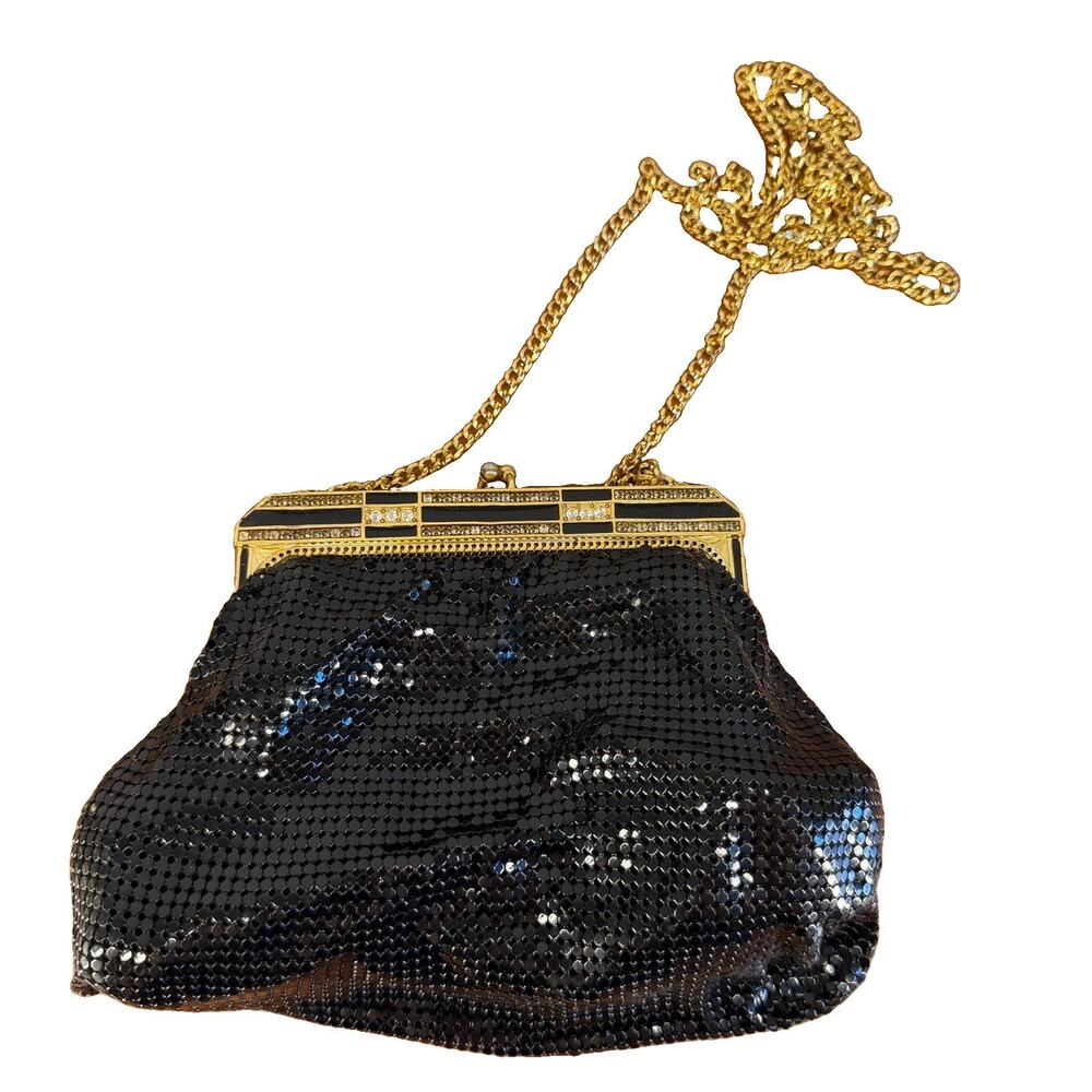 Whiting Davis Bag Black Chainmail Rhinestone Vintage Gold Evening Purse
